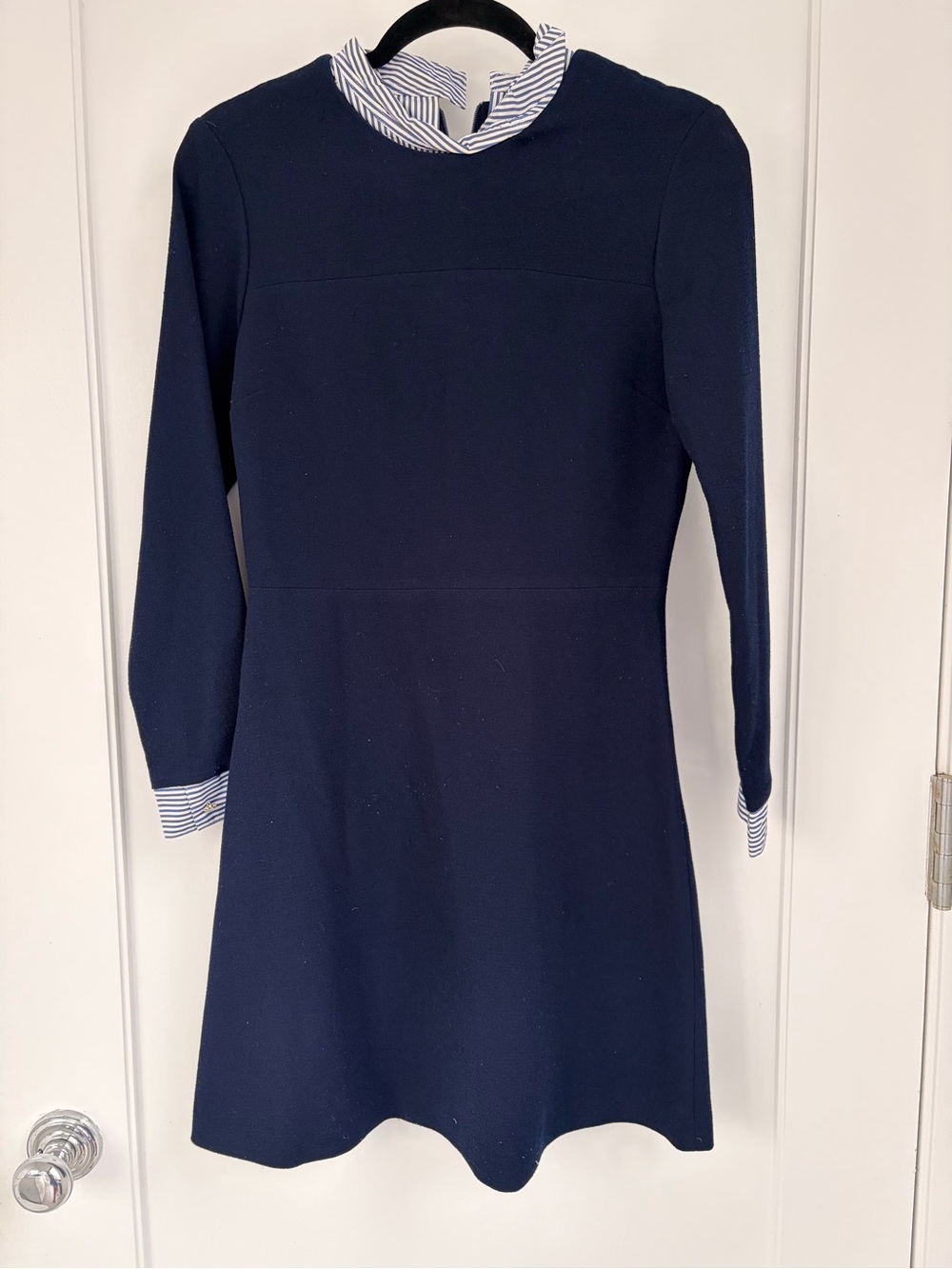 Sandro Navy Long-Sleeve Fit-and-Flare Dress with Striped Collar